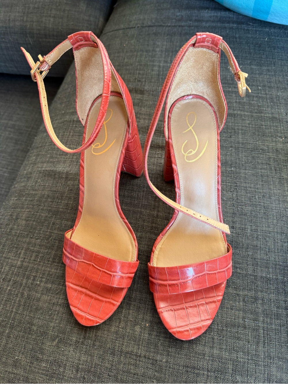 Sam Edelman Red Croc-Embossed Ankle Strap Block Heels